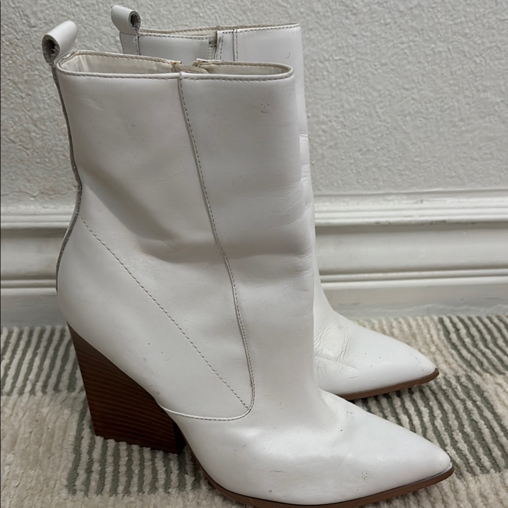 White and Brown Heeled Boots with Wooden Block Heel